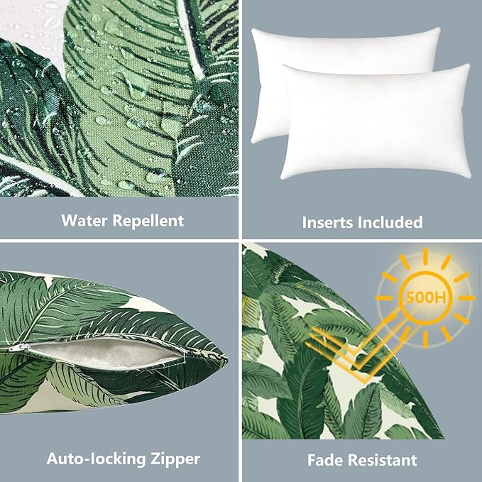 LVTXIII Set of 2 Patio Lumbar Pillows, 12”x20” Fade Resistant Outdoor Lumbar Pillow with Inners, Fluffy Decorative Garden Lumbar Cushions for Home Patio Coach Sofa Use, Swaying Palms Green