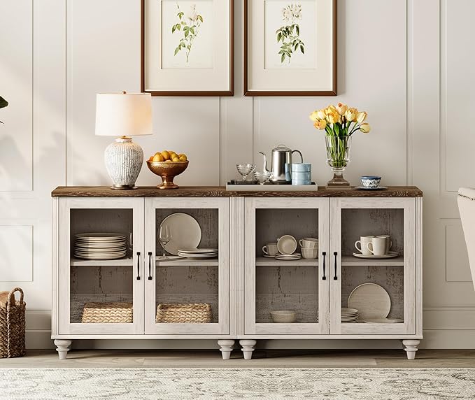 WAMPAT Farmhouse TV Stand for TVs Up to 75 inch, Glass Wooden Universal TV Stand with 2 Storage Cabinets, Entertainment Center, Console Table for Living Room, Bedroom, Rustic White