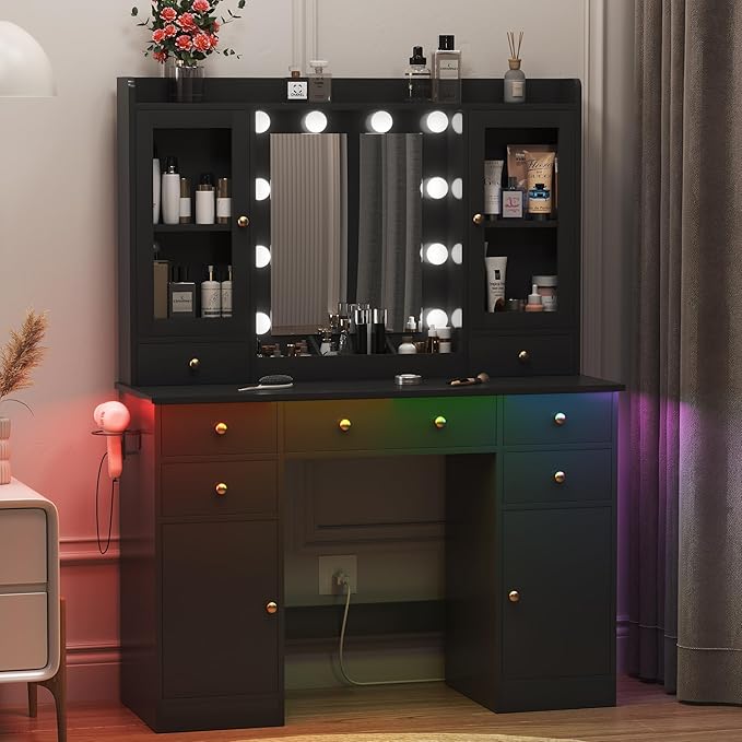 Vanity Desk with Mirror and Lights, Black Vanity Mirror with Lights Desk and Chair & Charging Station, Makeup Vanity with Lighted Mirror for Women Bedroom 3 Color Modes Adjustable