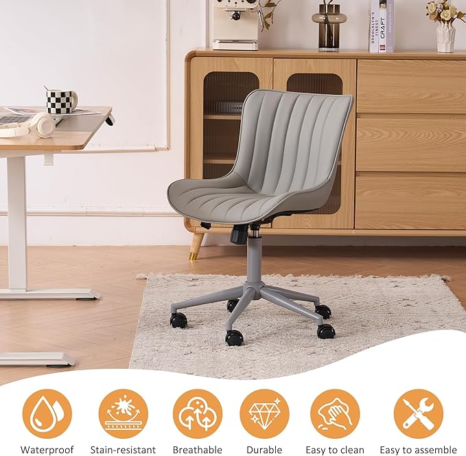 YOUNIKE Home Office Desk Chair with Wheels Armless Vanity Chair with Back Comfy Modern Leather Upholstered Rolling Task Chair Swivel Small Cute Sewing Chair No Arms Wide Adjustable Ergonomic Grey