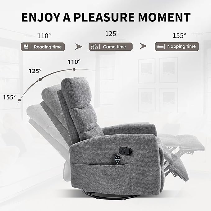 PELUMY Massage Recliner Chair with Heat - Manual Rocker Swivel Recliner, 360° Rotation & 155° Recline for Living Room（Linen Fabric, Grey）
