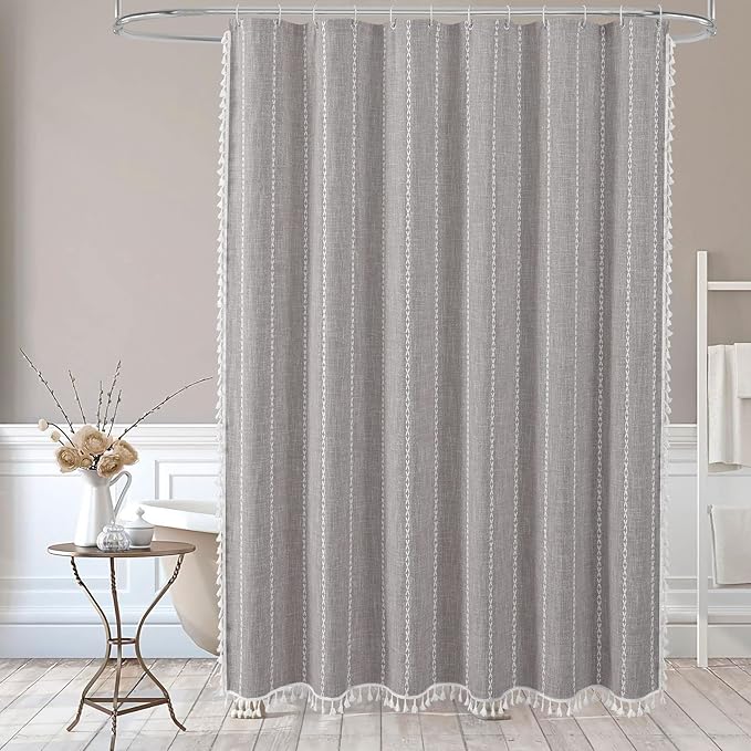 MitoVilla Boho Long Shower Curtain 72 x 78, Farmhouse 78 inch Long Polyester Linen Fabric Shower Curtains with Tassel for Chic Cottagecore French Rustic Bathroom Decor
