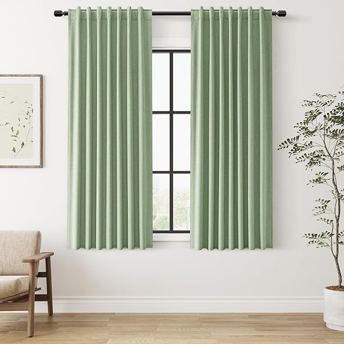 Guken 100% Blackout Linen Curtains 63 Inch Length 2 Panels Set for Living Room Bedroom Back Tab Thermal Insulated Black Out Linen Drapes Room Darkening Window Curtains,Light Sage