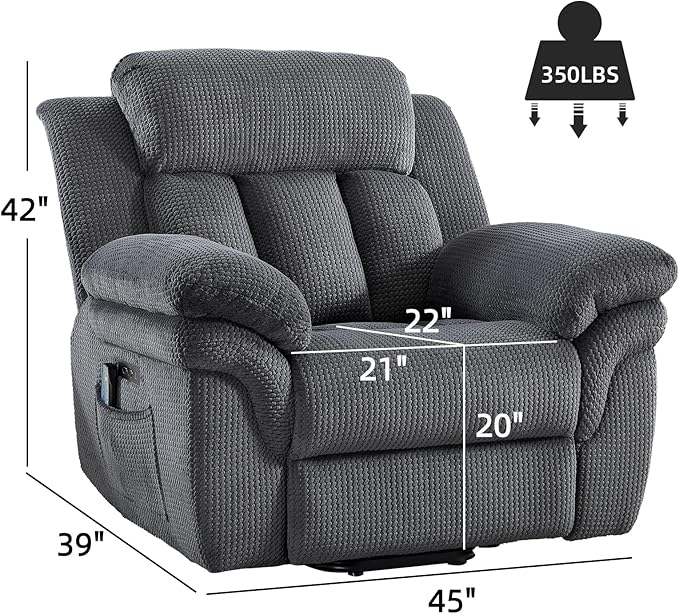 Phoenix Home Oversize Power Lift Recliner Chair with Heat & Massage for Elderly, Extra Large Electric Chair for Adult, Recliners for Living Room,2 Side Pockets, USB and Type-C Port, Dark Grey