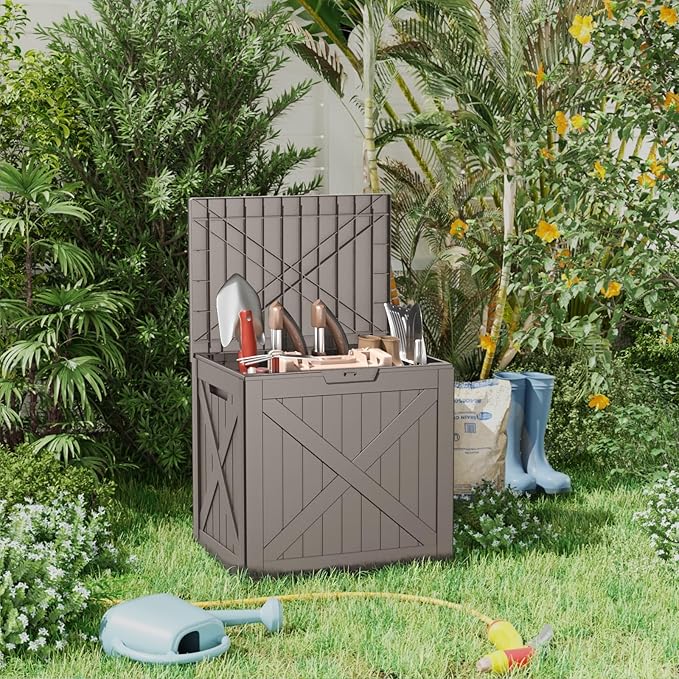 Resin Deck Box - 32 Gallon Lockable Outdoor Storage, Water-Resistant Indoor/Outdoor Bin for Package Delivery, Patio Cushions, Gardening Tools