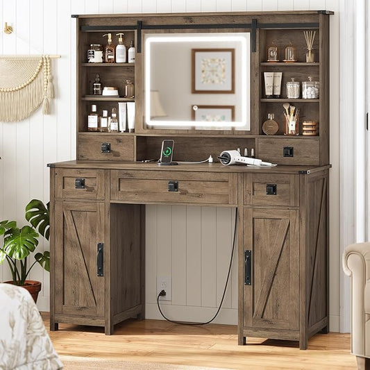 AOGLLATI Farmhouse Makeup Vanity Desk with Lights & Charging Station,Vanity Desk with Mirror and Lights, 47.2” Large Brown Vanity Table with Ample Storage Space and Sliding Mirror (Oak Brown)