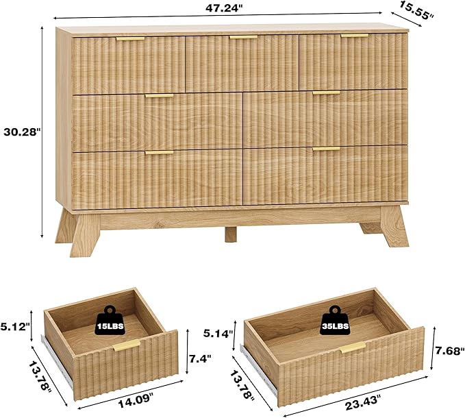 Fluted Dresser for Bedroom with 7 Drawer, Mid Century Modern Chest of Drawers, 48" Wide Natural Wood Dresser for Closet, Wooden Boho Chest Closet Storage TV Stand for Bedroom, Nature
