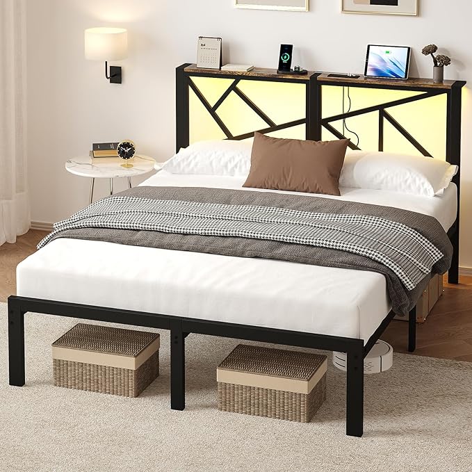 Queen Size Black Metal Bed Frame with USB Charging Station, LED Ambient Lighting, and Wooden Storage Headboard - Includes Under-Bed Storage, No Box Spring Needed, Noise Free, Easy Assembly