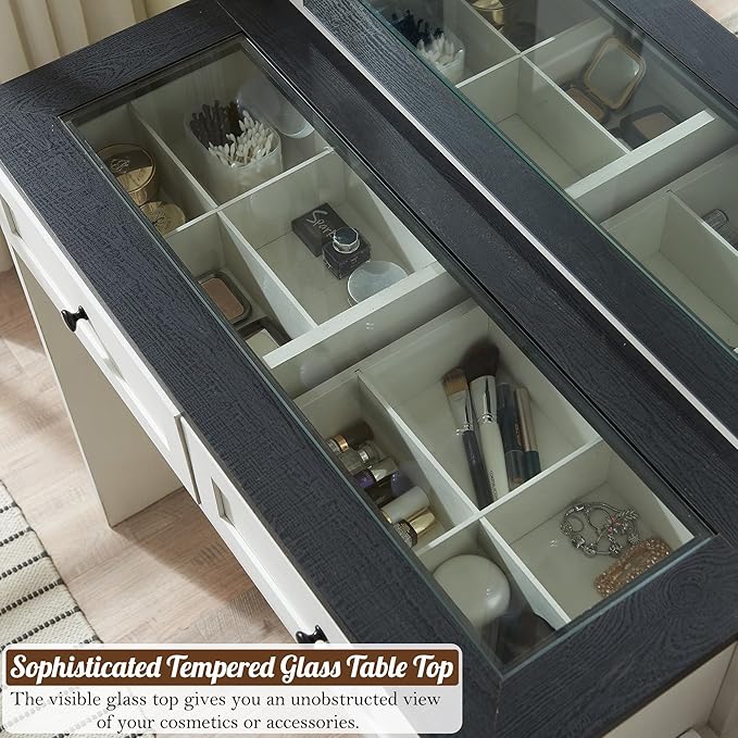 Farmhouse Vanity Desk with Mirror and Lights, 43" Wide Makeup Vanity with Glass Tabletop and Charging Station, Modern Vanity Table Set with Storage and Stool for Bedroom, Off White