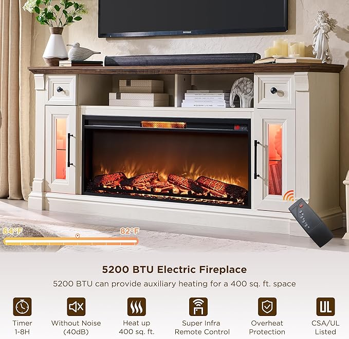 OKD Fireplace TV Stand for 80 Inch TV - Farmhouse Entertainment Center with 42" Electric Fireplace & LED Lights, Wood Media Console with Storage Drawers & Cabinets for Living Room, Antique White