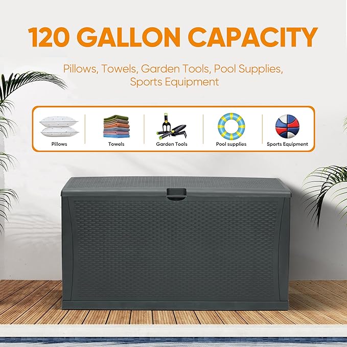 120 Gallon Resin Deck Box, Weatherproof Outdoor Storage Box for Patio, Garden, Pool, and Yard, Lockable Waterproof Bin for Tools, Cushions, and Accessories, Grey