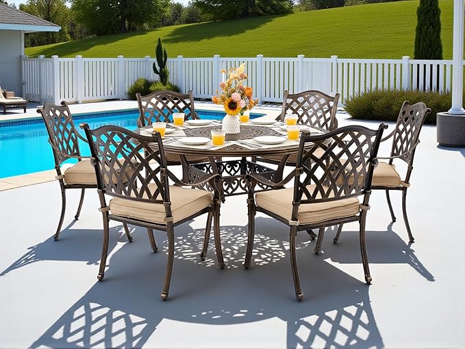 7 Piece Outdoor Dining Set Cast Aluminum, Retro Patio Dining Furniture Set for 6 Includes 54’’ Round Table 6 Chairs with Thicker Cushion and Umbrella Hole for Patio Deck Garden