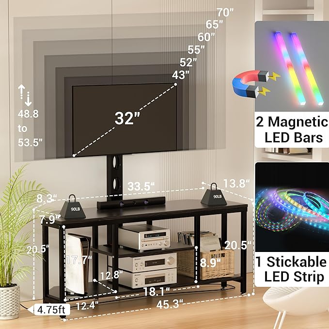 Corner TV Stand with Mount LED - Universal TV Mount Stand for 32-65" TV, Height Adjustable Swivel TV Console Wood & Steel Entertainment Center with Mount, Cabinet, Power Outlet, Colorful Light, Black