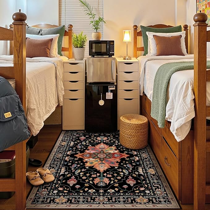 Area Rugs 5'x7' Washable Non-Slip, Floral Vintage Distress Print Pattern Medallion Carpet for Living Room Bedroom Dining Room, Black Colorful Floral Dark Tan