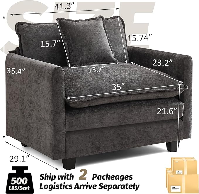 41'' Modern Chenille Oversized Chair, Upholstered Accent Living Room Chair with Extra Thicked Deep Seat, Single Lounge Chair for Bedroom, Small Apartment, Dark Grey