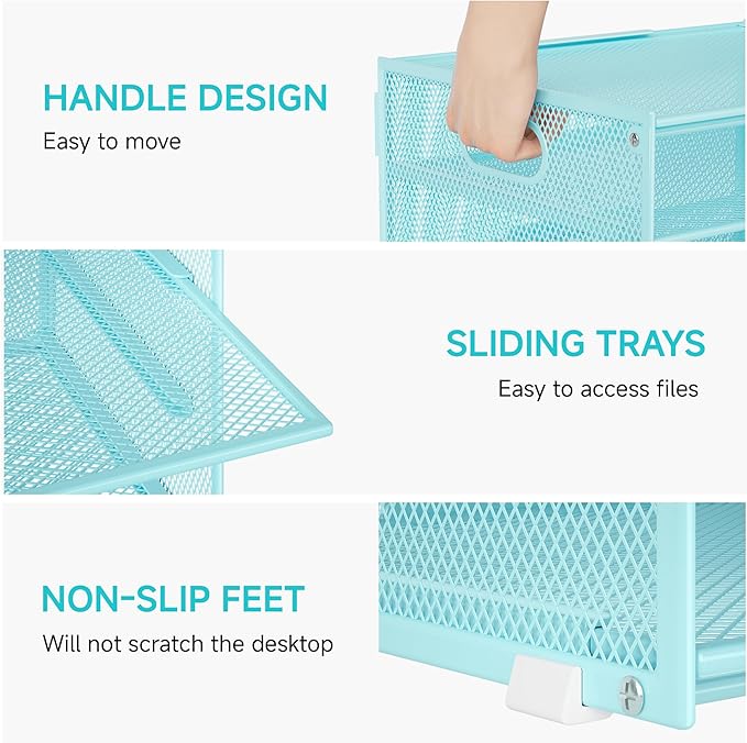 Lavatino 3-Tier Letter Tray Desk Organizer, Mesh Metal Paper File Tray Organizer for Desk, Office Supplies & Home Organization, Fits A4 Paper, Mail, Magazines & Office Accessories (Blue with Handle)