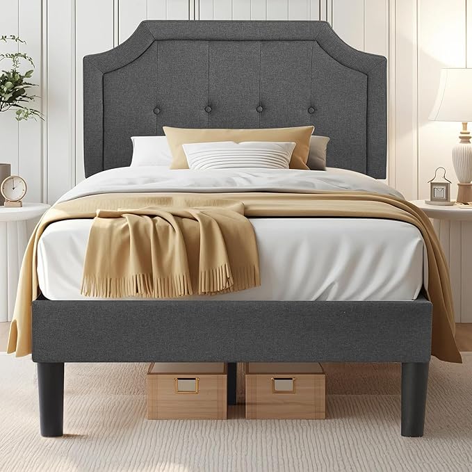 VECELO Twin Size Platform Bed Frame with Fabric Upholstered Headboard and Wooden Slats Support, No Box Spring Needed/Easy Assembly,Grey