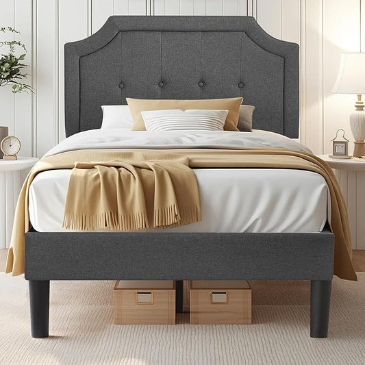 VECELO Twin Size Platform Bed Frame with Fabric Upholstered Headboard and Wooden Slats Support, No Box Spring Needed/Easy Assembly,Grey
