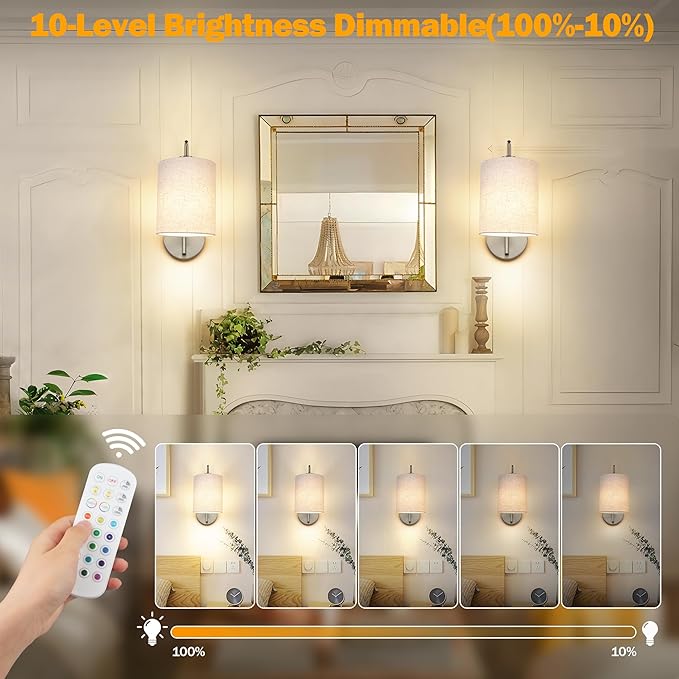 Battery Operated Wall Sconce Set of 2, Brushed Nickel Rechargeable Dimmable Wall Light Fixture Remote, 12 RGB Colors & Timer, Wireless Lamp White Shade