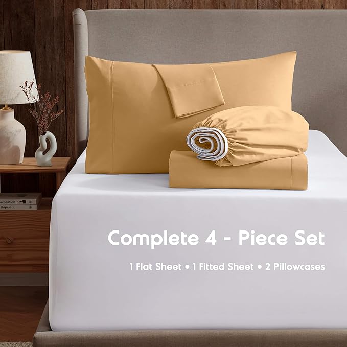 Nestl Short Queen Sheet Set - 1800 Ultra-Soft Microfiber - Double Brushed - Deep Pockets - Easy Fit - 4 Piece Set - Bed Sheets (Short Queen, Camel Gold)