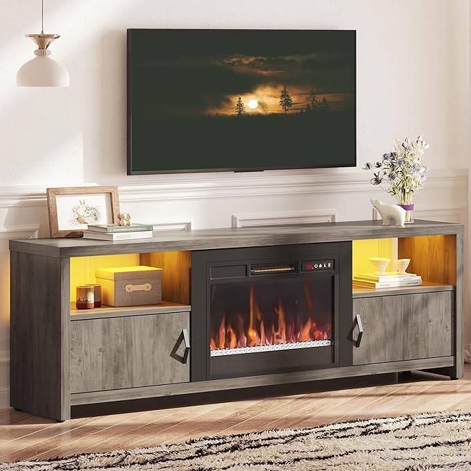 Bestier 70 Inch Fireplace TV Stand for 75" TVs, Modern Entertainment Center with LED Lights, Storage Cabinets and Adjustable Shelves for Living Room, Wash Grey