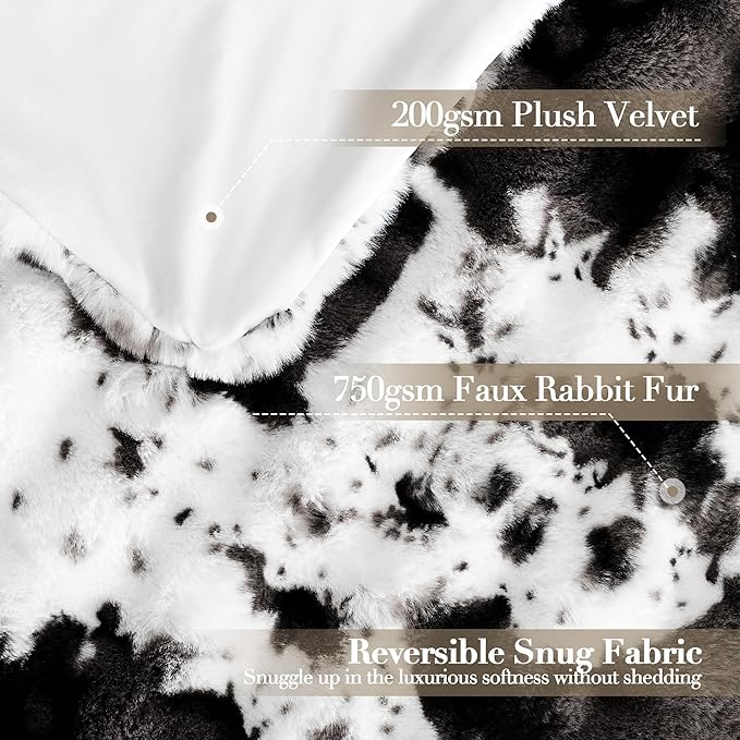 Ultra Plush Bubble Faux Rabbit Fur Blanket – 950GSM Thick Fluffy Throw Blanket for Bed, Couch, Sofa, or Gift, 60" × 80", Black Cow