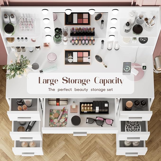 YESHOMY Vanity Desk with Mirror, Power Outlet and 10 Lights, Makeup Table with 7 Drawers, 3 Color Modes Available for Bedroom, Light White