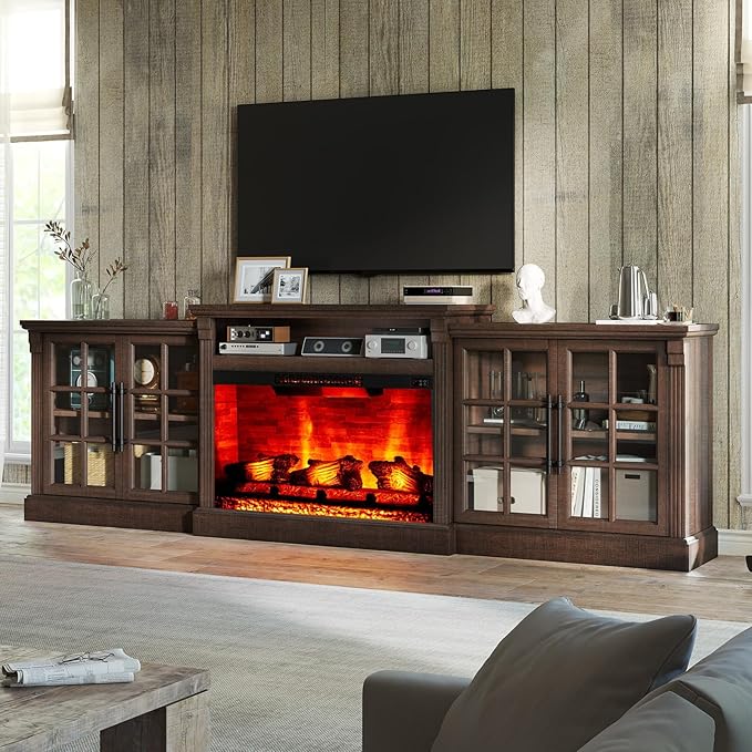97" Farmhouse TV Stand with 33" Fireplace for TVs up to 100", Media Entertainment Center with Large Storage Cabinet and Adjustable Shelves for Living Room, Rustic Brown