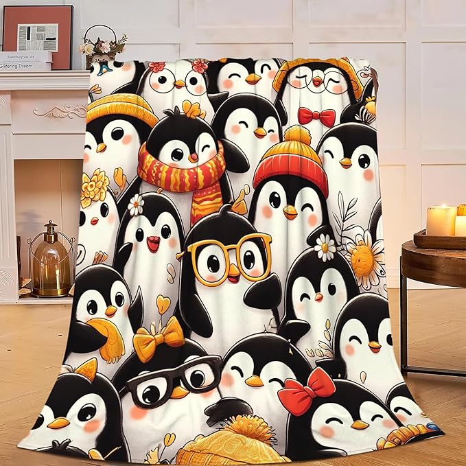 Funny Penguin Blanket Soft Warm Cute Kawaii Penguin Plush Throw Blanket Cozy Flannel Fuzzy Fleece Bedding Stuff Animal Decor Blanket Gifts for Lover Girls Boys Kids Teens Adults Women 60"x80"