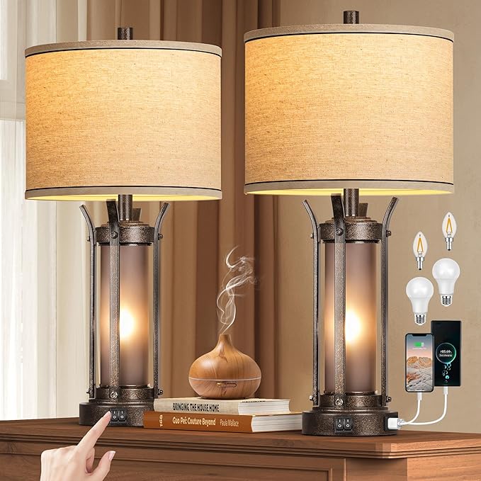 QiMH Farmhouse Table Lamps for Living Room, Rustic Beside Lamps for Bedroom with USB A+C Charging Ports, Nightstand Lamp with Frosted Glass Night Light for Home Decor, 4 Bulbs Included (Bronze)