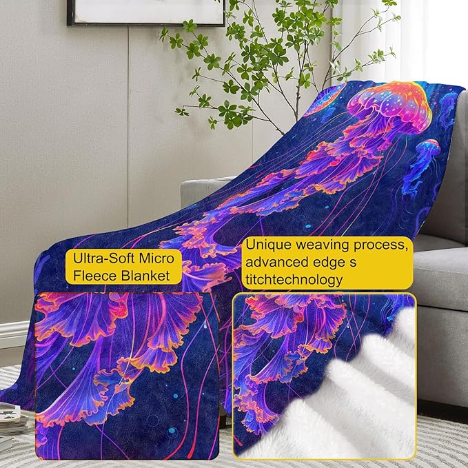 Jellyfish Flannel Blanket, Jellyfish Gifts, Ocean-Themed Blanket for Women, Soft Lightweight Throw Blankets for Bed Home Travel Decor 60" x 80"