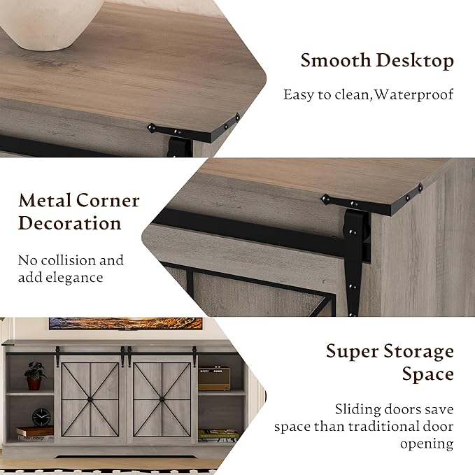 Farmhouse TV Stand for 55 60 65 Inch TV, Mid Century Modern TV Cabinet with Storage and Sliding Barn Doors, Easy Assembly, Entertainment Center Console Table for Bedroom Living Room -Wood Gray