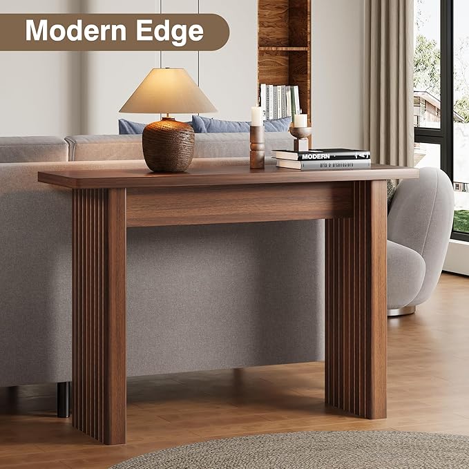 Fluted Entryway Console Table, Wooden Rectangular Sofa Table for Entrance, Narrow Wood Entryway Small Long Entry Table for Hallway, Living Room (Walnut)