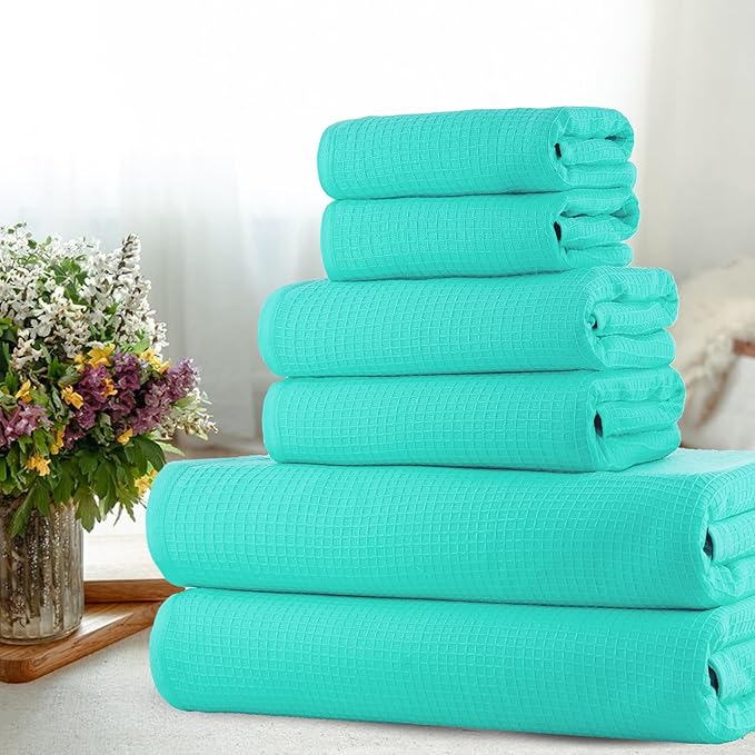 CASA COPENHAGEN Waffle Towel, 6Pieces 100% Cotton Large Towel Set- Aqua Blue, 2Bath 2Hand 2Washcloths Instant Absorb and Dry, Soft Strong Towels for Hotel Spa Kitchen Bathroom & Shower