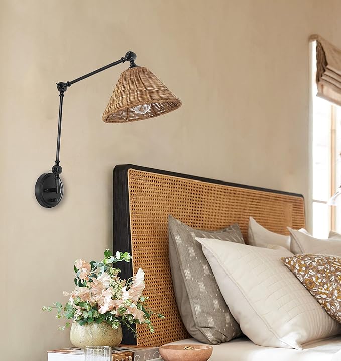 WINGBO Wall Sconce Rattan Wrapped Wall Lamp, Adjustable Swing Arm Wall Light Fixture Vintage Bedside Light Wicker Handmade Shade Reading Light Plug in or Hardwire (Black, 2 Pack)
