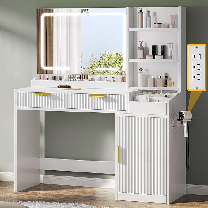 DWVO Fluted Makeup Vanity Desk with Large 27" Mirror and Lights, Modern Big Makeup Table with Power Outlet, 11 Shelves & 2 Drawers, 3 Color Lighting Modes, Dressing Table Vanity Set for Bedroom, White