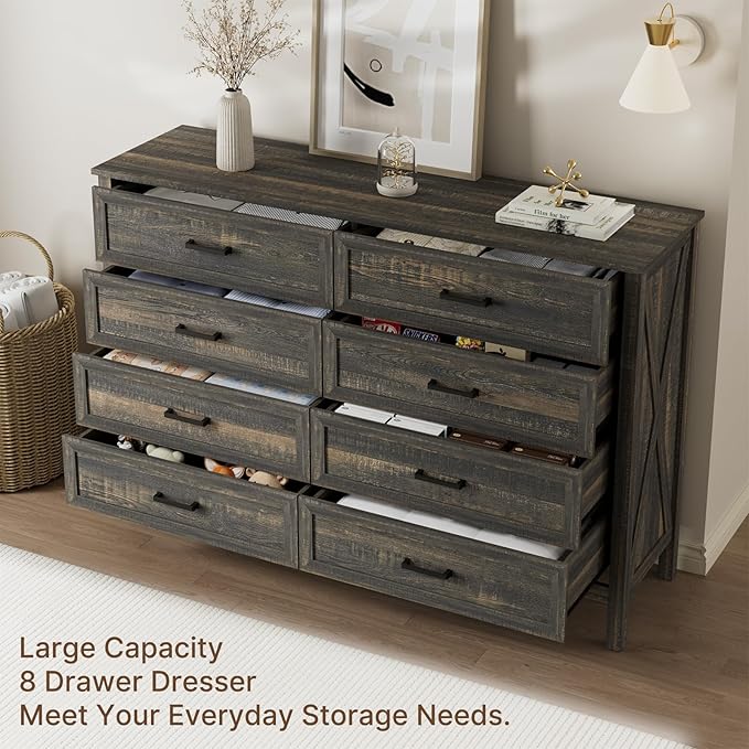 LYNSOM Farmhouse 8 Drawer Dresser for Bedroom, 55 Inch Wide Wood Rustic Chest of Drawers with X-Marking & Bar Handle, Large Storage Dressers Organizer for Bedroom, Living Room, Dark Rustic Oak