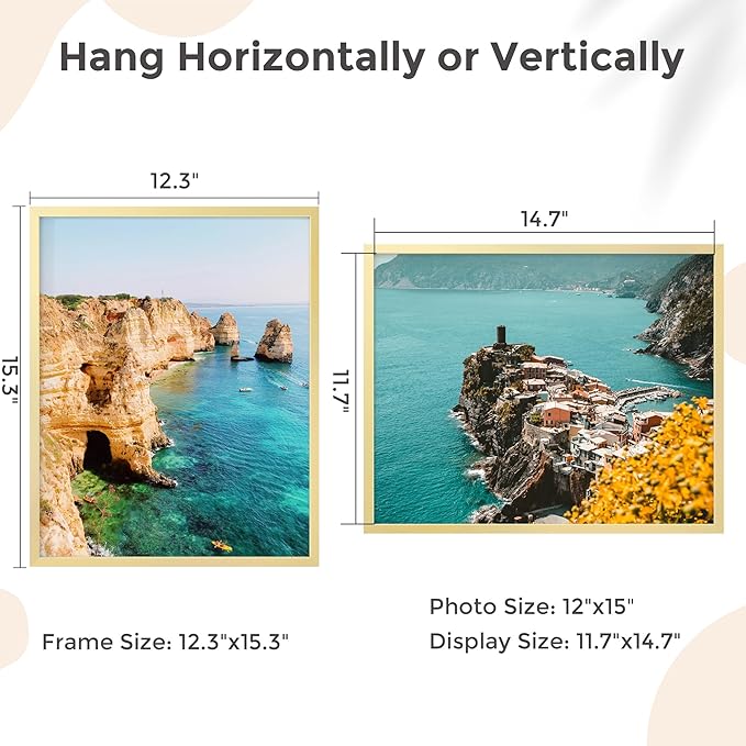 12x15 Metal Picture Frame - Gold Aluminum Picture Frames with Real Glass, Wall Mounting Horizontally or Vertically, Diploma, Certificates for Wall Gallery Poster Photo 15x12 Frame, Gold