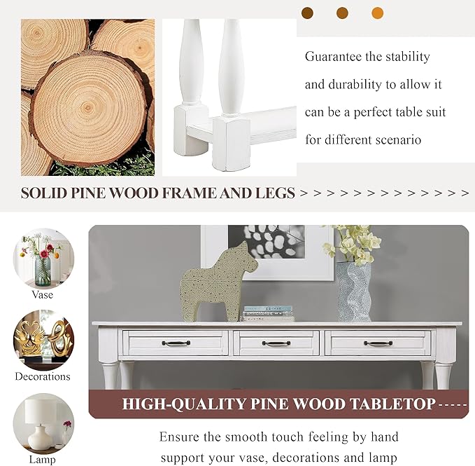 63inch Solid Wood Console Table with 3 Drawers and 1 Bottom Shelf Extra-Thick Sofa Table(Antique White)