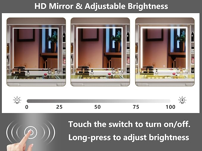 Extra Large Vanity Desk with Lighted Mirror, Makeup Vanity with Glass Top, White Vanity Table with 9 Drawers, Tall Vanity Dresser with Crystal Ball Knobs (European Style)