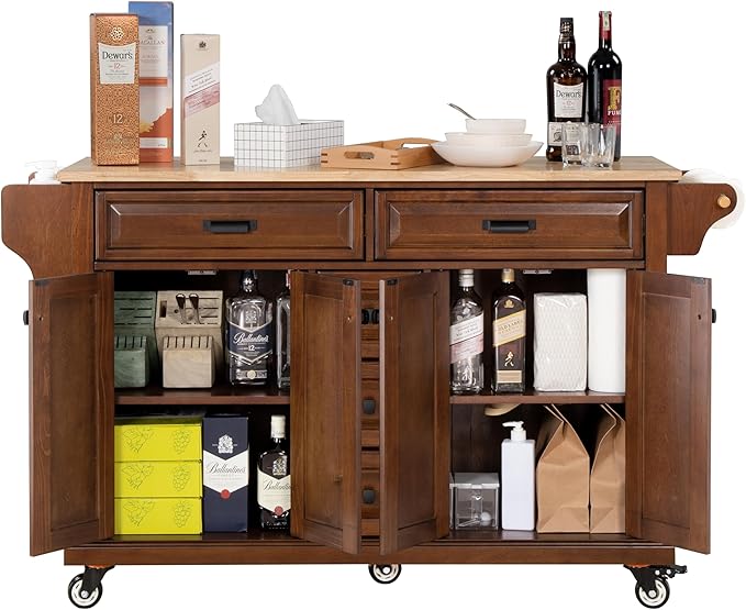 Generic 60.5"" Kitchen Island on Wheels, Rolling Island Table for Kitchen with Double Storage Cabinet and 5 Drawers, Portable Kitchen Cart with Rubber Wood Top, Mahogany, Large