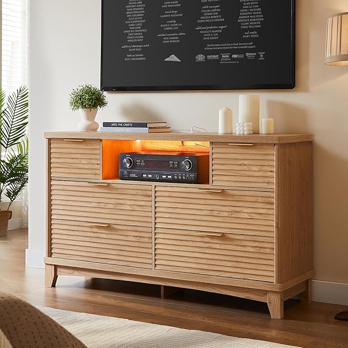 AOGLLATI Black Dresser for Bedroom with Slanted Louvre Design,Retro Chest of Drawers with Charging Station, Wooden Wide Led 6 Drawer Dresser for Bedroom,Living Room, Hallway, Wood