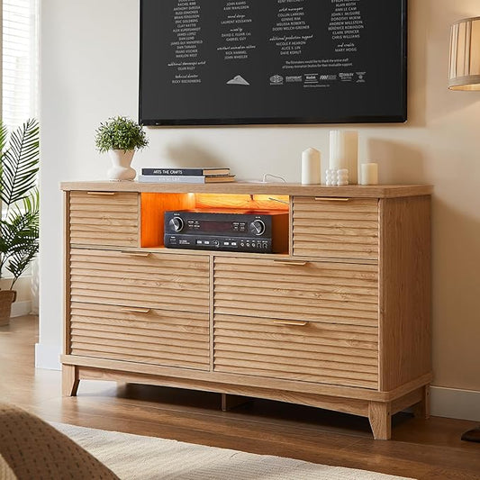 AOGLLATI Black Dresser for Bedroom with Slanted Louvre Design,Retro Chest of Drawers with Charging Station, Wooden Wide Led 6 Drawer Dresser for Bedroom,Living Room, Hallway, Wood