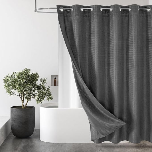 MitoVilla No Hooks Needed Grey Waffle Shower Curtain with Snap-in Liner, Modern Waffle Weave Heavy Duty Fabric Cloth Shower Curtain for Luxury Neutral Hotel Spa Bathroom Decor, 72 x 74, Charcoal Grey