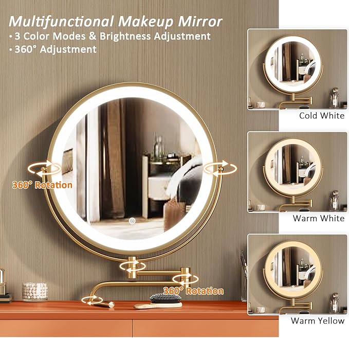 IKuinen Makeup Vanity Desk with Mirror and Lights, Small Vanity Table with 2 Drawers, Stool,Vanity Set for Bedroom with Microfiber Leather, 3 Lighting Modes - 31.5In Orange