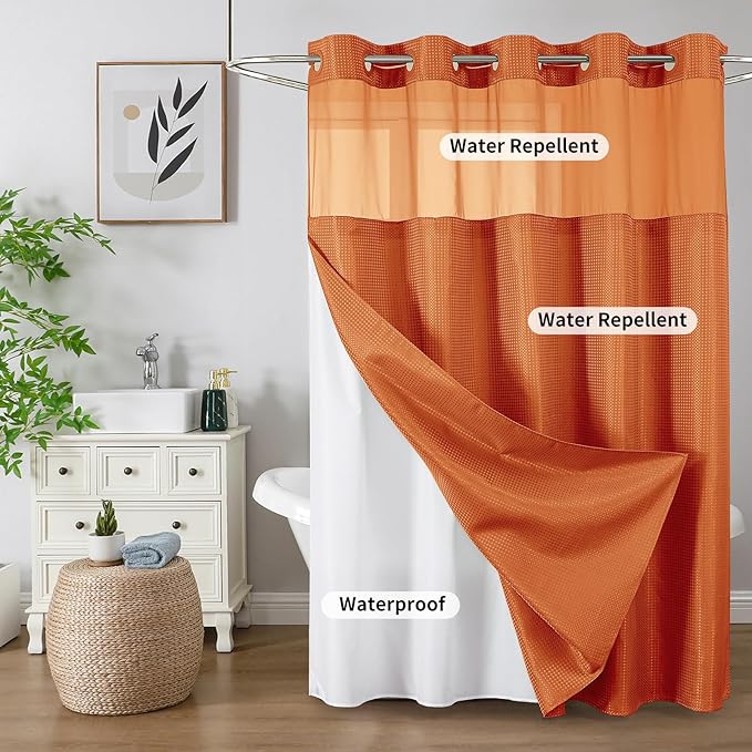No Hook Shower Curtain with Snap in Fabric Liner, Waffle Weave Heavy Duty Thick Shower Curtains with Mesh Top Window, Hotel Style Waterproof Bathroom Curtain Set, 72 x 75 Inch, Burnt Orange