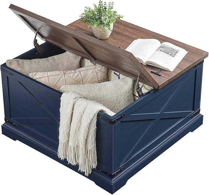 Farmhouse Square Coffee Table with Storage, Wood Center Table with Hinged Lift Top, Rustic Cocktail Table with Large Hidden Storage Compartment for Living Room, Bedroom,Blue