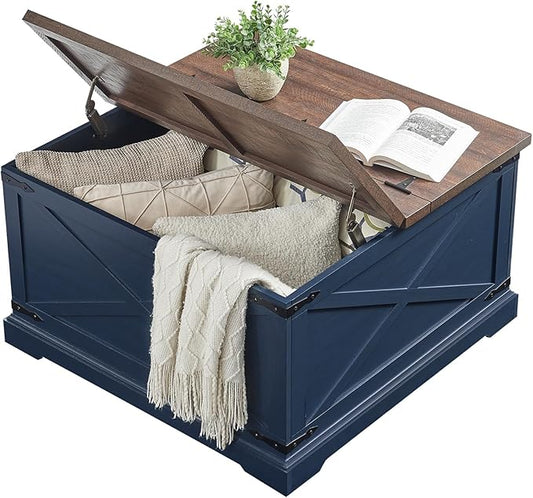 Farmhouse Square Coffee Table with Storage, Wood Center Table with Hinged Lift Top, Rustic Cocktail Table with Large Hidden Storage Compartment for Living Room, Bedroom,Blue