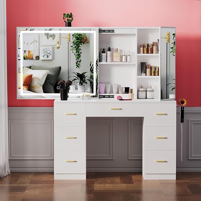 Vanity Desk with Lighted Mirror and Charging Station&Glass Tabletop, Sliding Mirror Makeup Vanity Table, Dressing Table with Hidden Storage Cabinet, Brightness Adjustable(Glass Tabletop-No Stool)