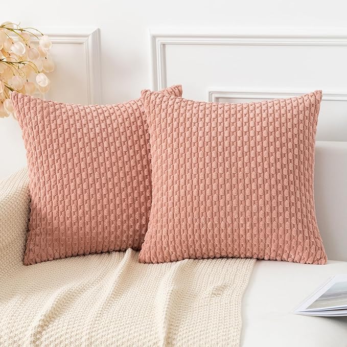 Kevin Textile Throw Pillow Covers Soft Corduroy Decorative Set of 2 Valentines Day Boho Striped Pillow Covers Pillowcases Farmhouse Home Decor for Couch Bed Sofa Living Room 16x16 Inch Baby Pink